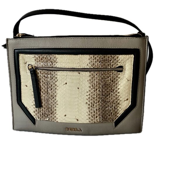 Furla Snakeskin Leather Crossbody Shoulder Bag Gray Cream Charcoal Zipper EUC - Picture 5 of 14